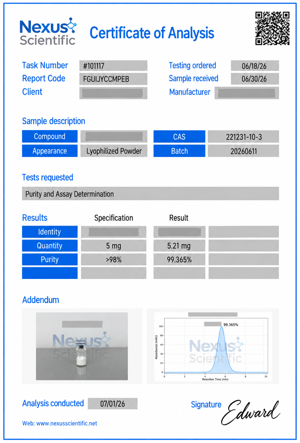 Certificate of Analysis Batch Beta